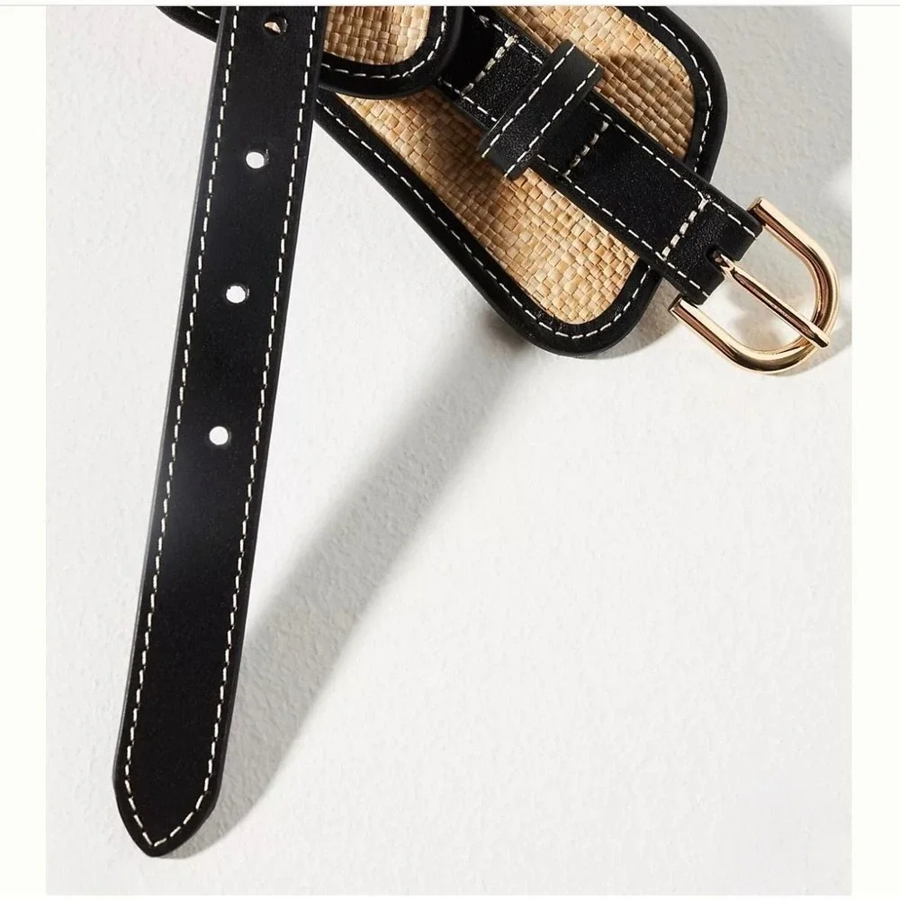 Free People Black Cream Raffia Leather Wide Waist Belt Gold Buckle M/L New NWT